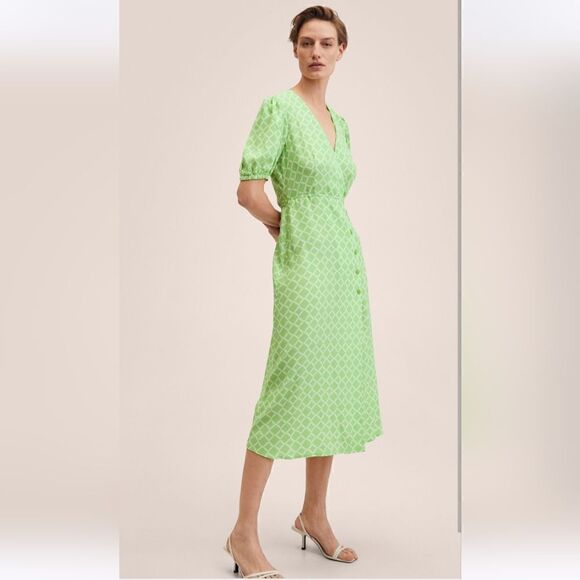 NWT Mango Wrapping Midi Dress Balloon Sleeves In Green Size 2 - Picture 1 of 13